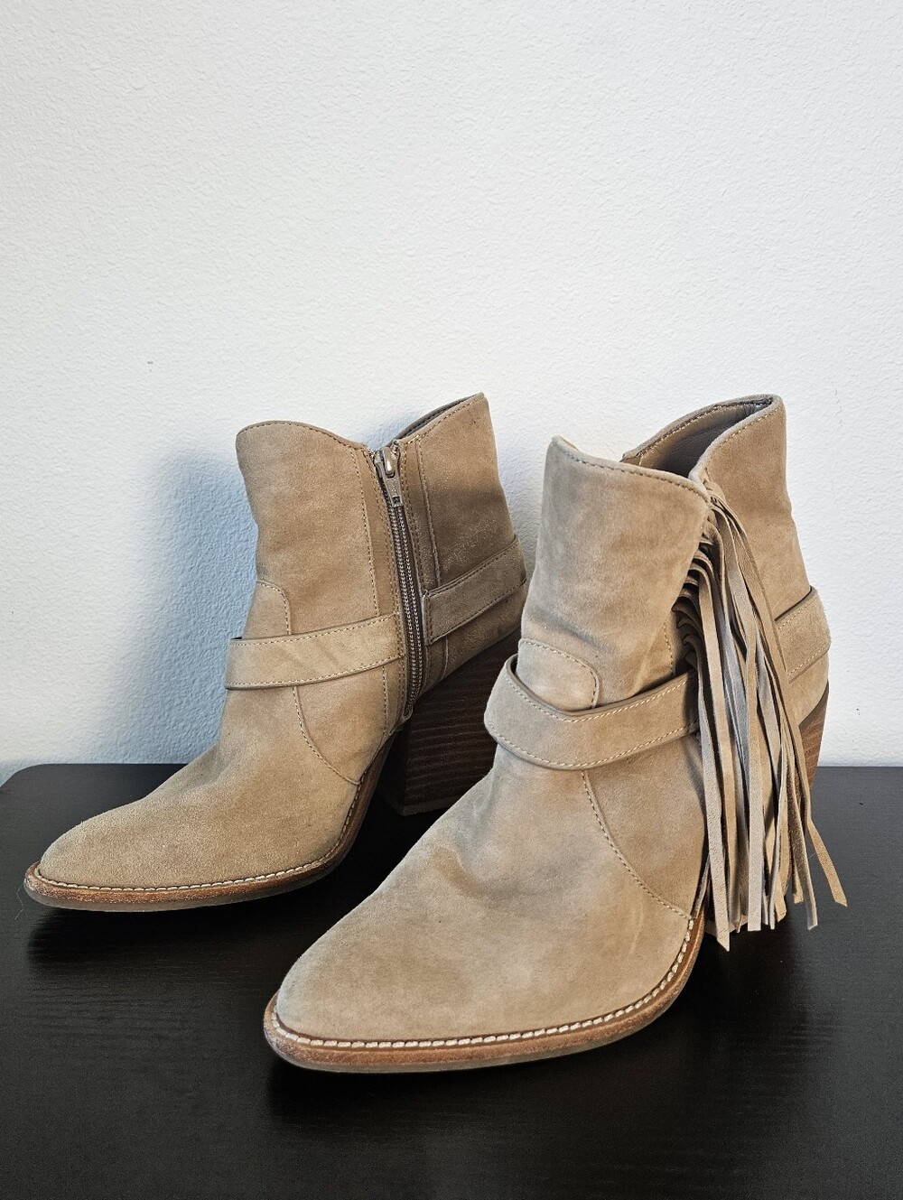 Suede Fringe Ankle Boots in Taupe